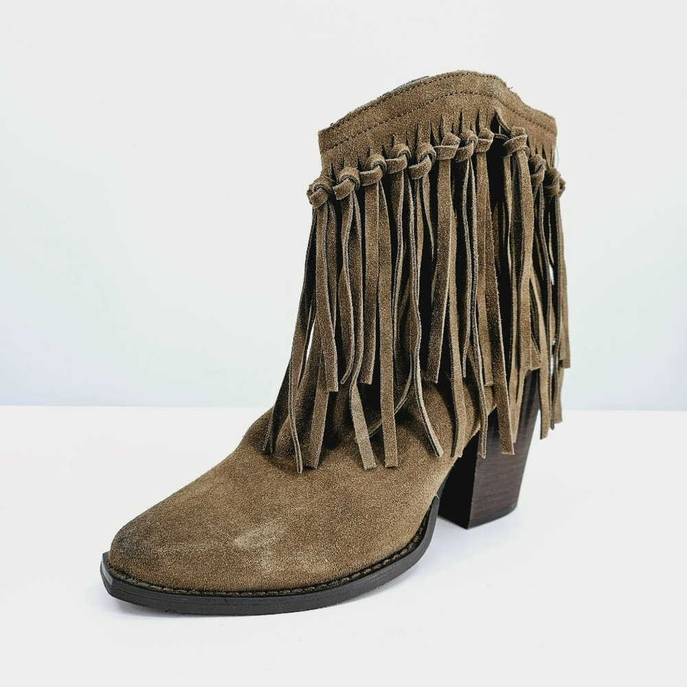 Very Volatile Cupid Fringe Ankle Booties 7.5 Khaki Suede Leather Square Toe Zip